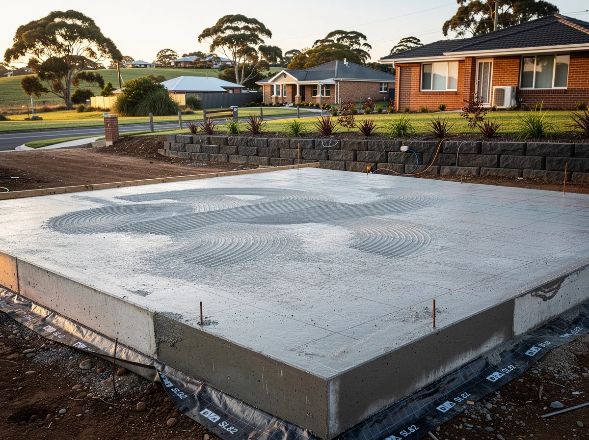 A finished new-build house slab on a reactive-clay Armstrong Creek block, edge beams and float finish visible