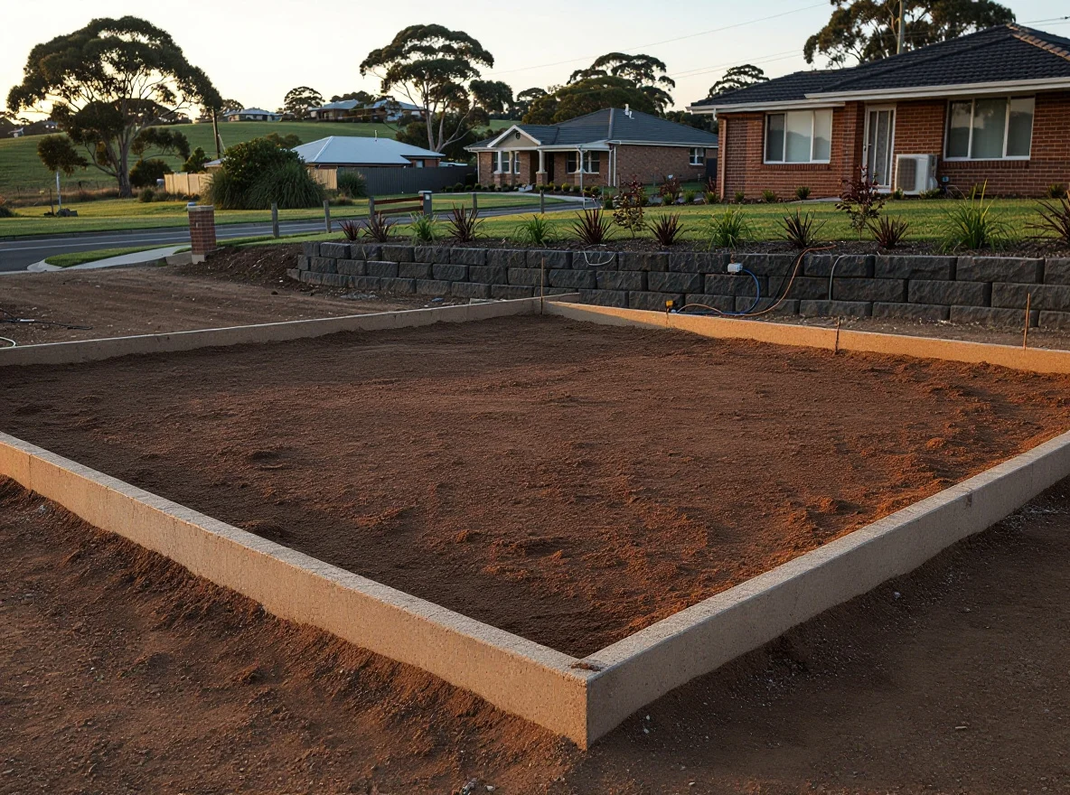 The same Armstrong Creek block before the pour, bare reactive-clay ground excavated and graded