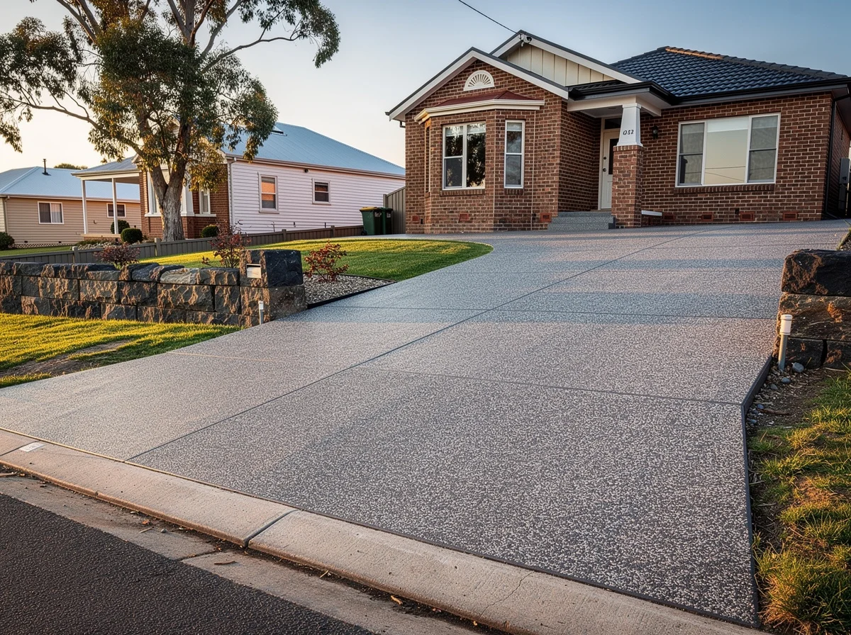 A finished exposed-aggregate driveway leading up to a Highton brick home on a sloping reactive-clay block