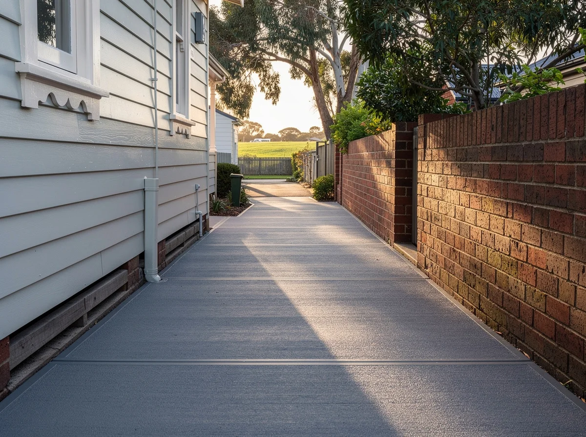 A finished broom-finish side path running down a narrow Newtown side passage, control joints sawcut to spacing