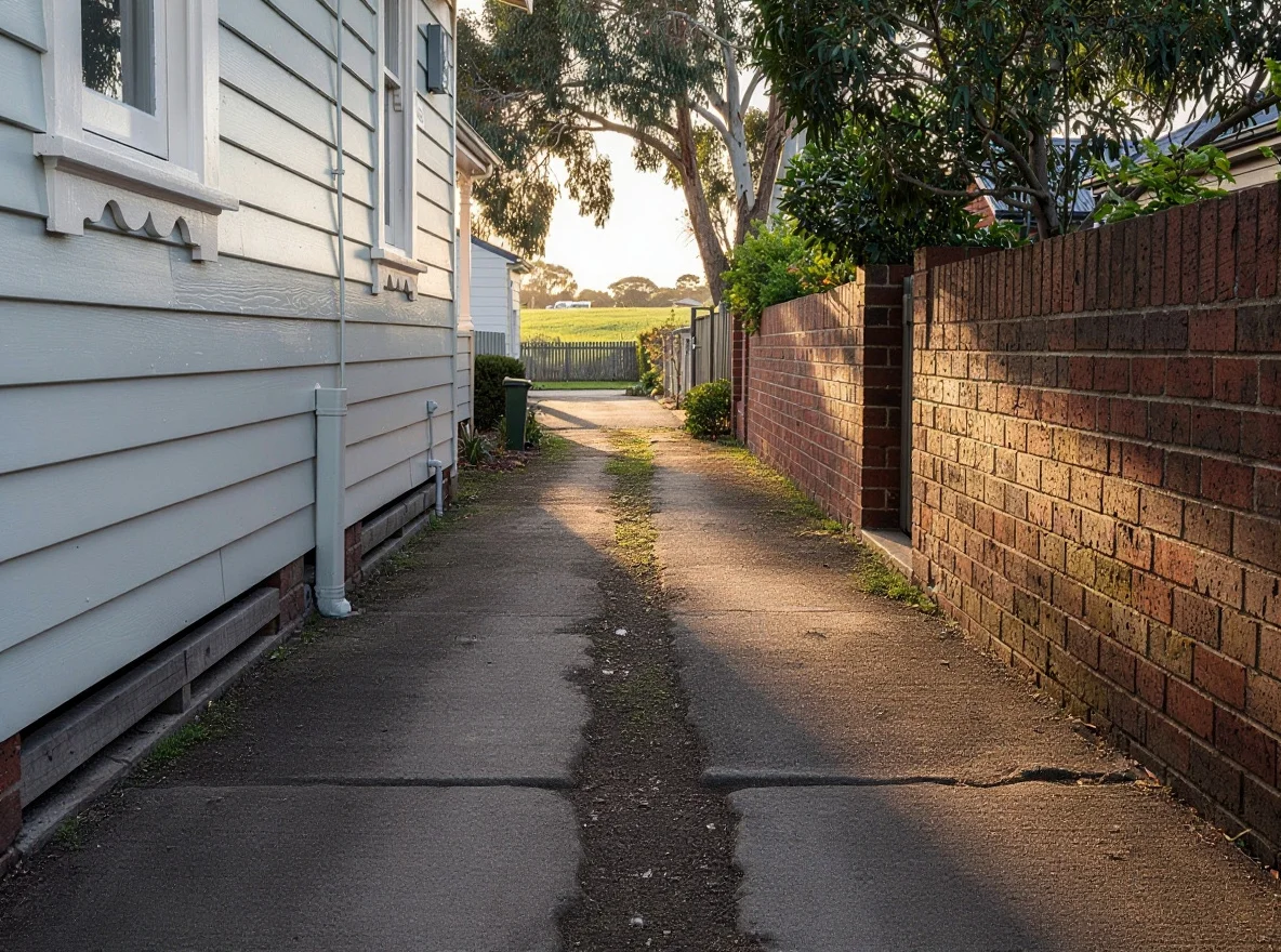 The same Newtown side passage before, with an old cracked plain-grey side path and moss along the wall edge