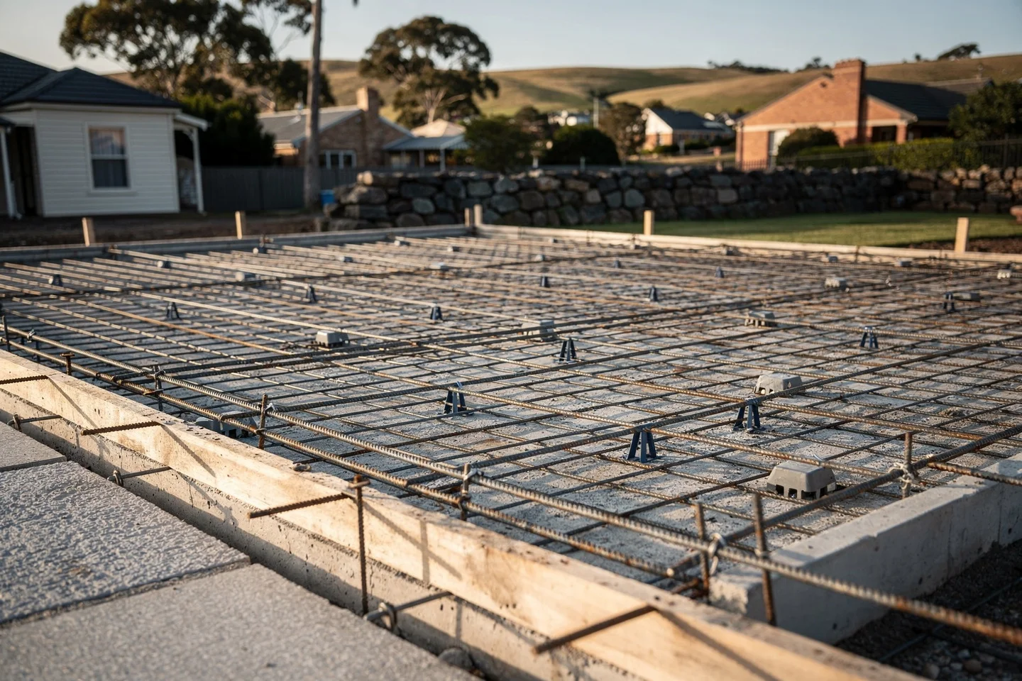SL82 mesh laid on plastic bar chairs over a compacted sub-base with edge reo bars at the perimeter