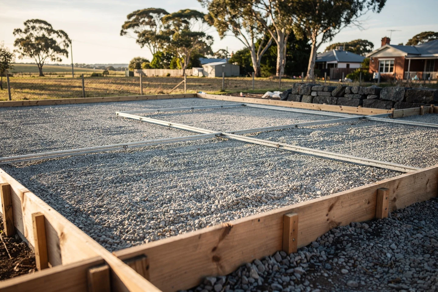 A compacted crushed-rock sub-base graded to falls with timber formwork set ready for the pour